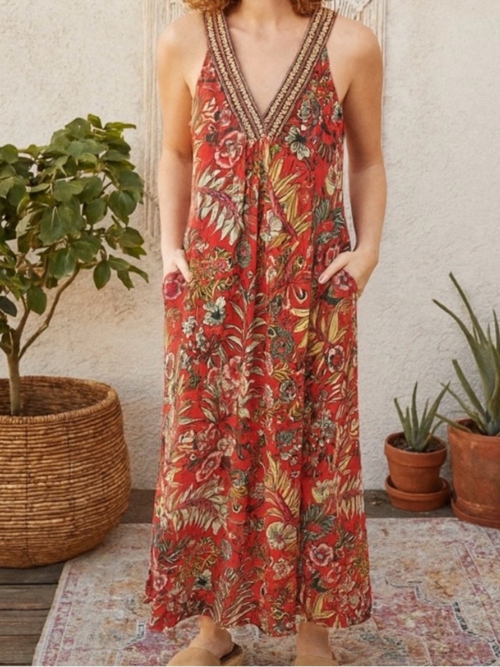 Soft Surroundings Onani maxi dress vibrant red tropical floral,side pockets